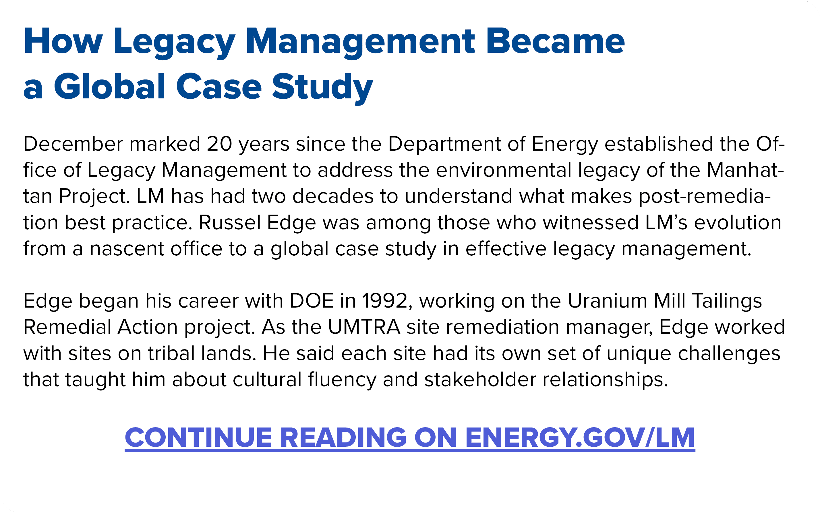 How Legacy Management Became a Global Case Study December marked 20 years since the Department of Energy established ...