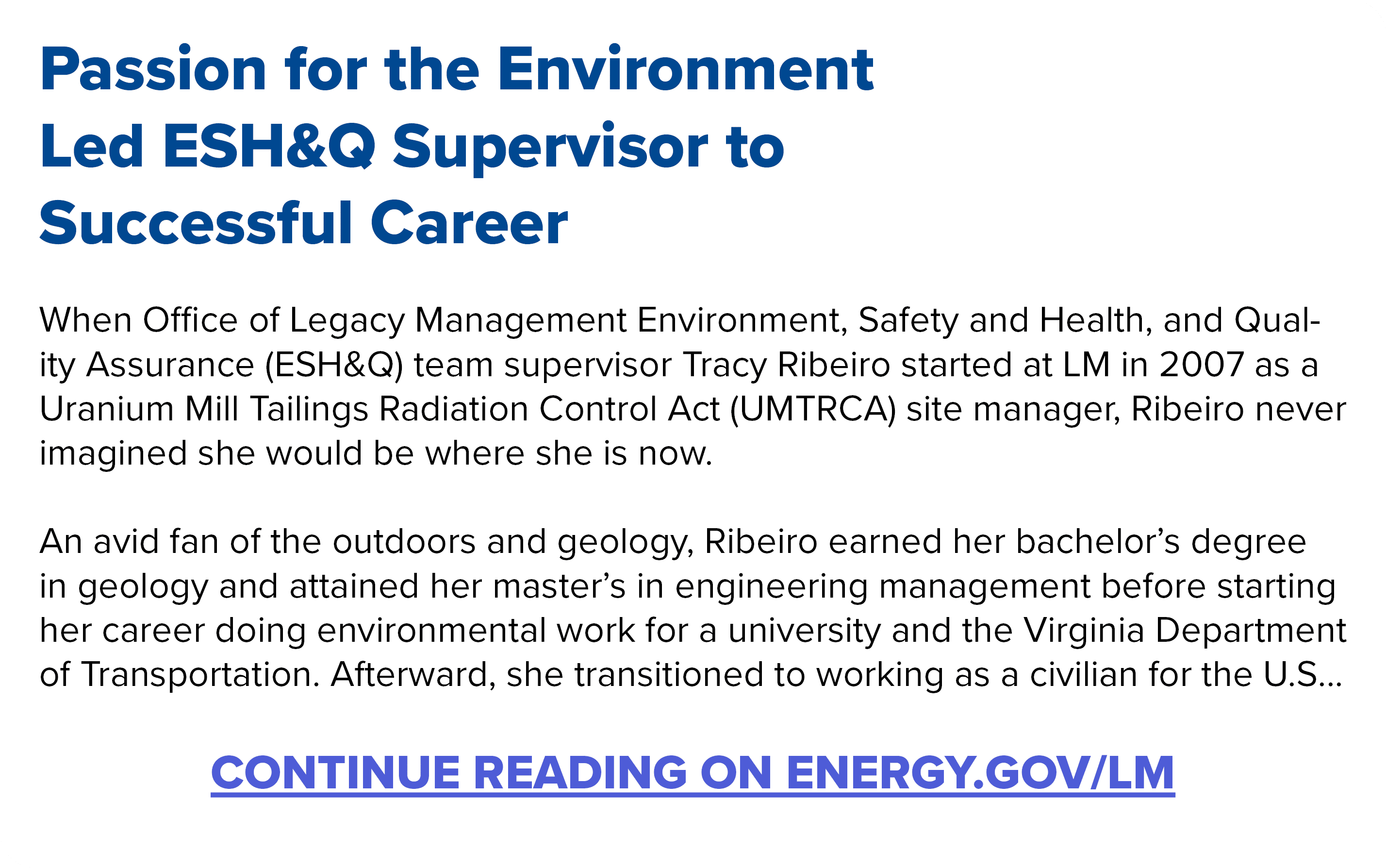 Passion for the Environment Led ESH&Q Supervisor to Successful Career When Office of Legacy Management Environment, S...