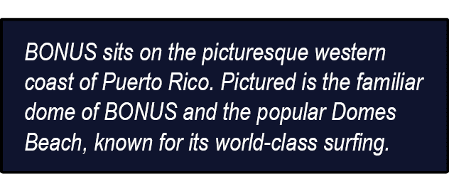 BONUS sits on the picturesque western coast of Puerto Rico. Pictured is the familiar dome of BONUS and the popular Do...
