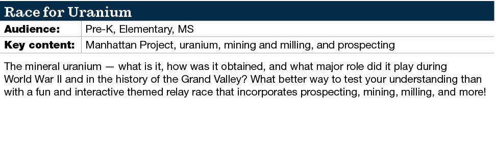 Race for Uranium,Audience:,Pre K, Elementary, MS,Key content: ,Manhattan Project, uranium, mining and milling, and pr...