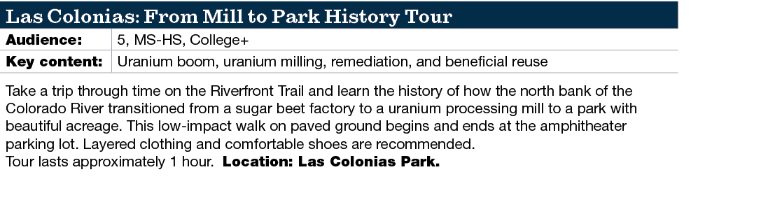 Las Colonias: From Mill to Park History Tour,Audience:,5, MS HS, College+,Key content: ,Uranium boom, uranium milling...