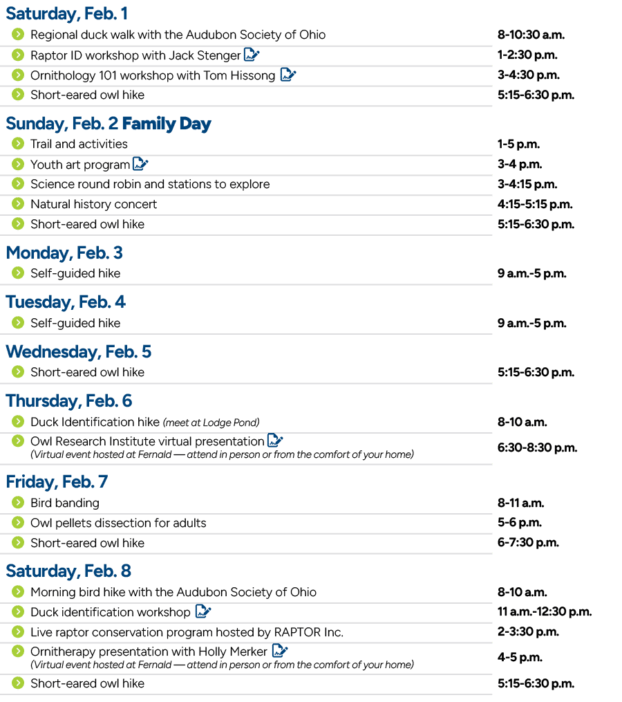 Saturday, Feb. 1,,Regional duck walk with the Audubon Society of Ohio,8 10:30 a.m.,Raptor ID workshop with Jack Steng...