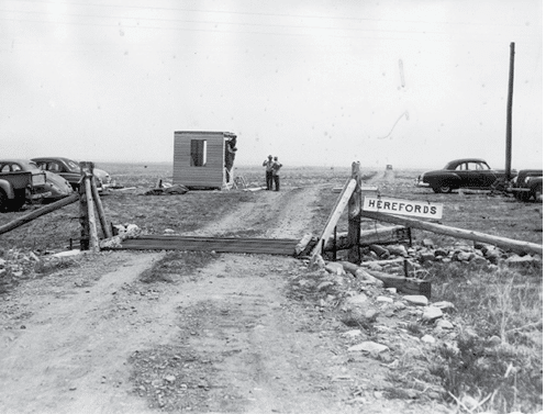 A black and white photo of a dirt road with a sign that says “Hefferfords." A man is standing in the middle of the road. There are cars parked on the side of the road, and a truck is also present. AI generated content