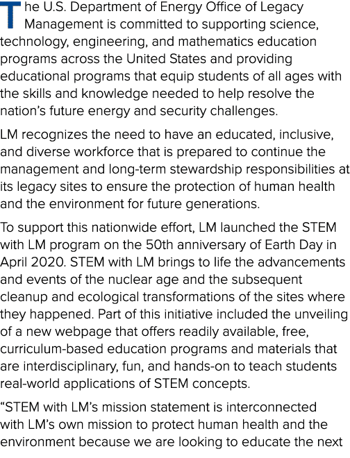 T he U.S. Department of Energy Office of Legacy Management is committed to supporting science, technology, engineerin...