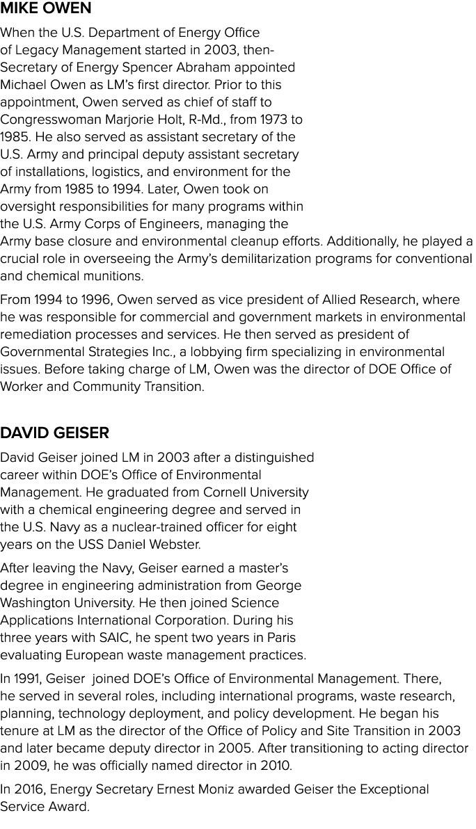 Mike Owen When the U.S. Department of Energy Office of Legacy Management started in 2003, then Secretary of Energy Sp...