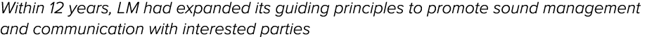 Within 12 years, LM had expanded its guiding principles to promote sound management and communication with interested...