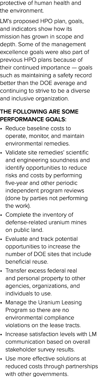 protective of human health and the environment. LM’s proposed HPO plan, goals, and indicators show how its mission ha...