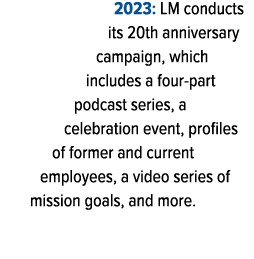 2023: LM conducts its 20th anniversary campaign, which includes a four part podcast series, a celebration event, prof...