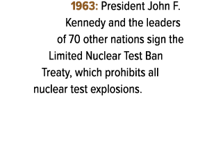 1963: President John F. Kennedy and the leaders of 70 other nations sign the Limited Nuclear Test Ban Treaty, which p...