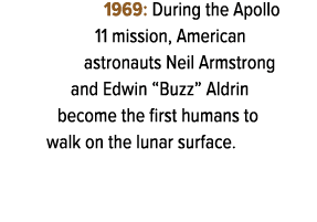 1969: During the Apollo 11 mission, American astronauts Neil Armstrong and Edwin “Buzz” Aldrin become the first human...