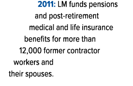 2011: LM funds pensions and post retirement medical and life insurance benefits for more than 12,000 former contracto...