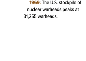 1969: The U.S. stockpile of nuclear warheads peaks at 31,255 warheads.